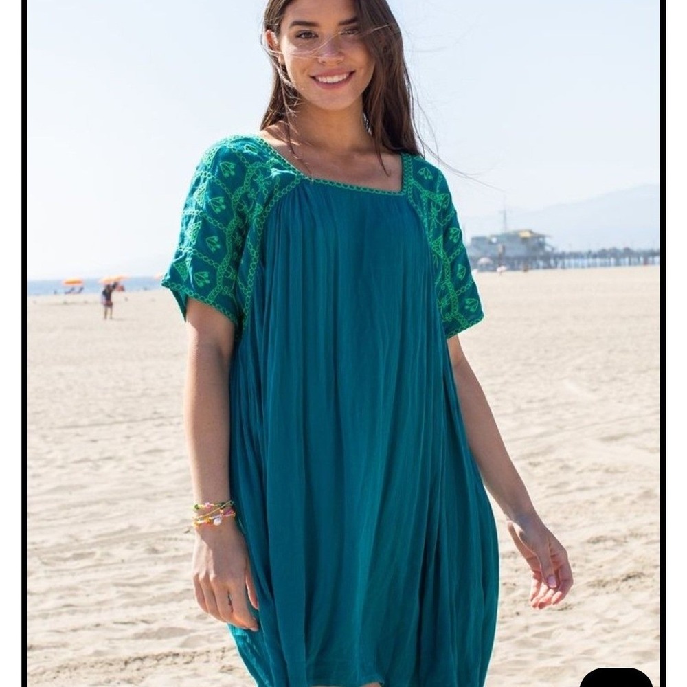 Natural Life Teal Blue Embroidered Babydoll Mini Dress L/XL Short Sleeve Boho